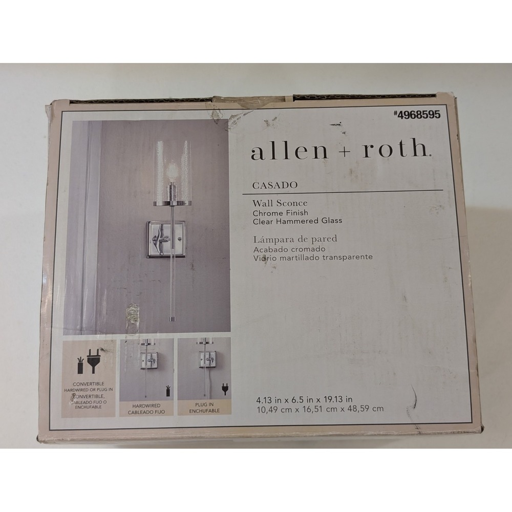 Allen + Roth Casado Wall Sconce Chrome Clear‎ Hammered Glass 4968595